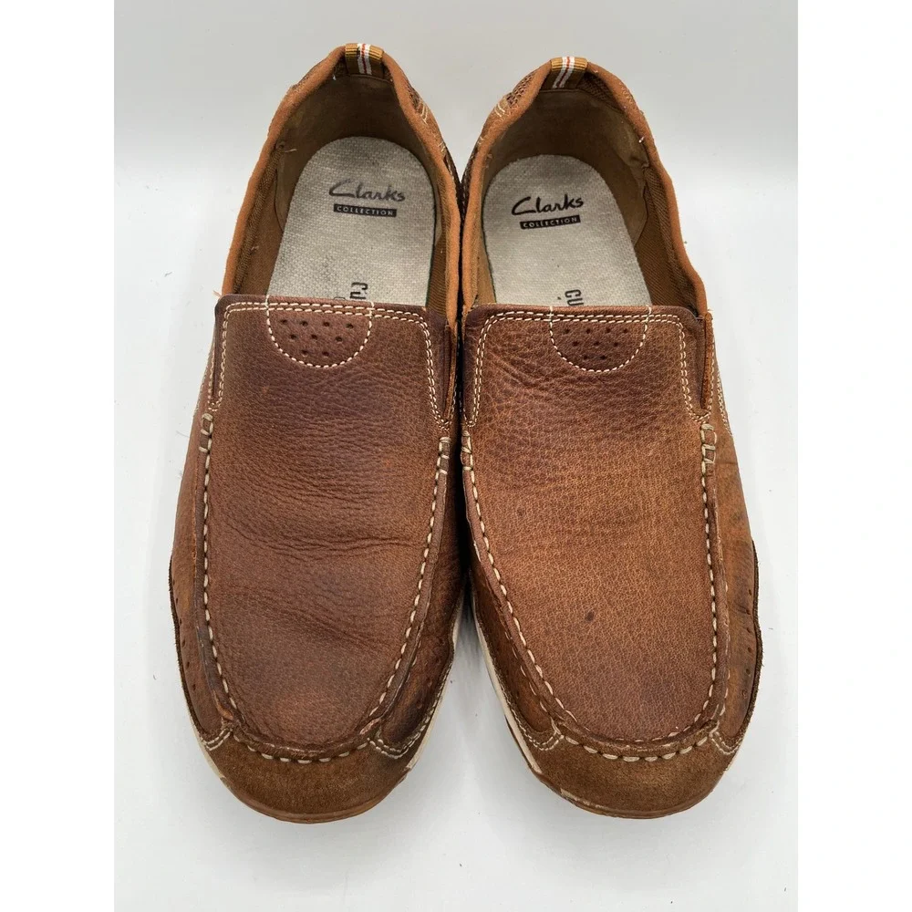 Clarks Men Brown Leather Slip On Loafers Ortholite Cushion Soft Sz 10.5W